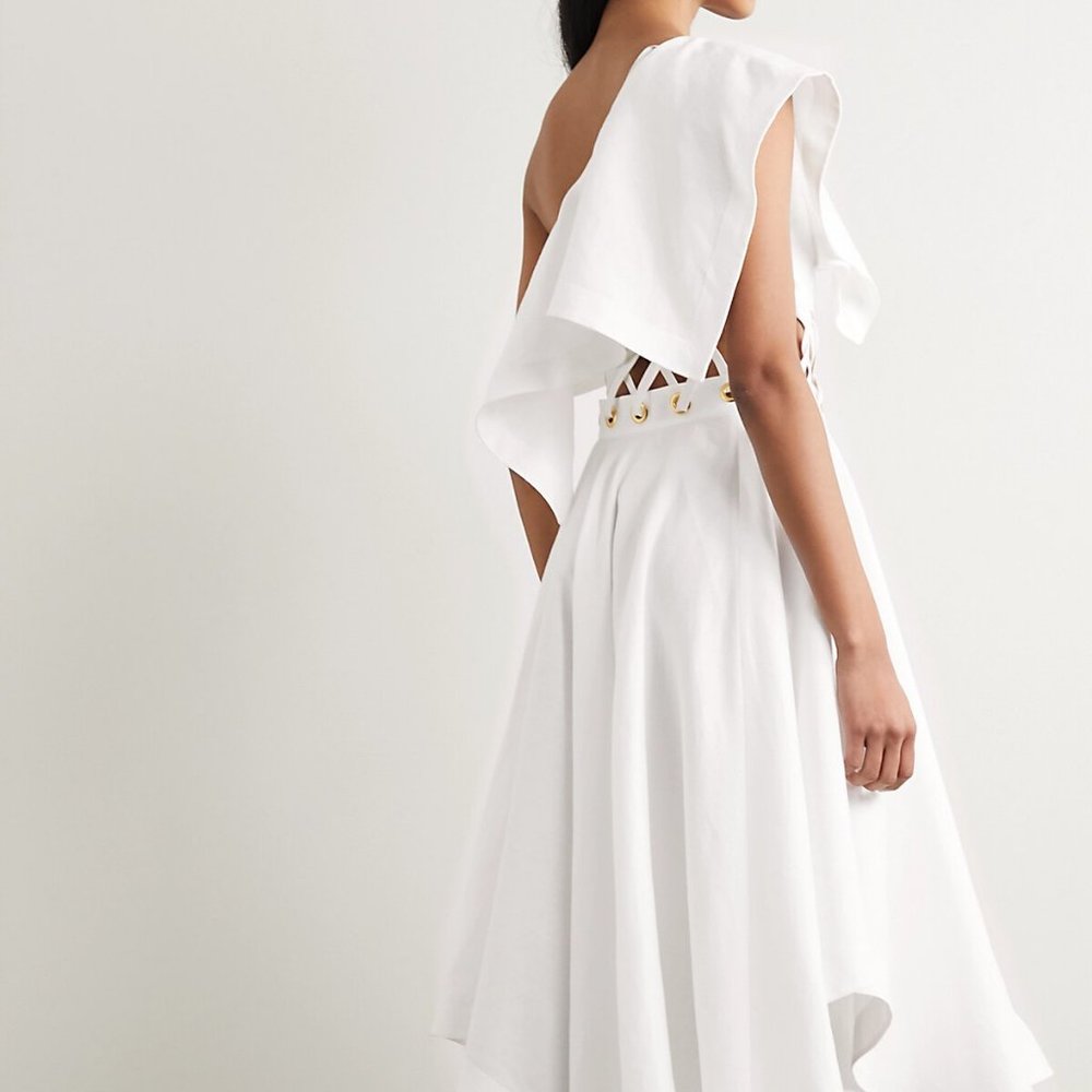 ALEXANDER MCQUEEN  One-shoulder eyelet-embellished ruffled linen-poplin dress - Picture 2 of 4